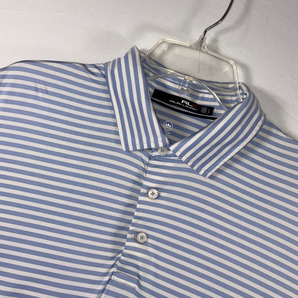 RLX Ralph Lauren Mens Blue White Striped Golf Polo Shirt Large Wicking L